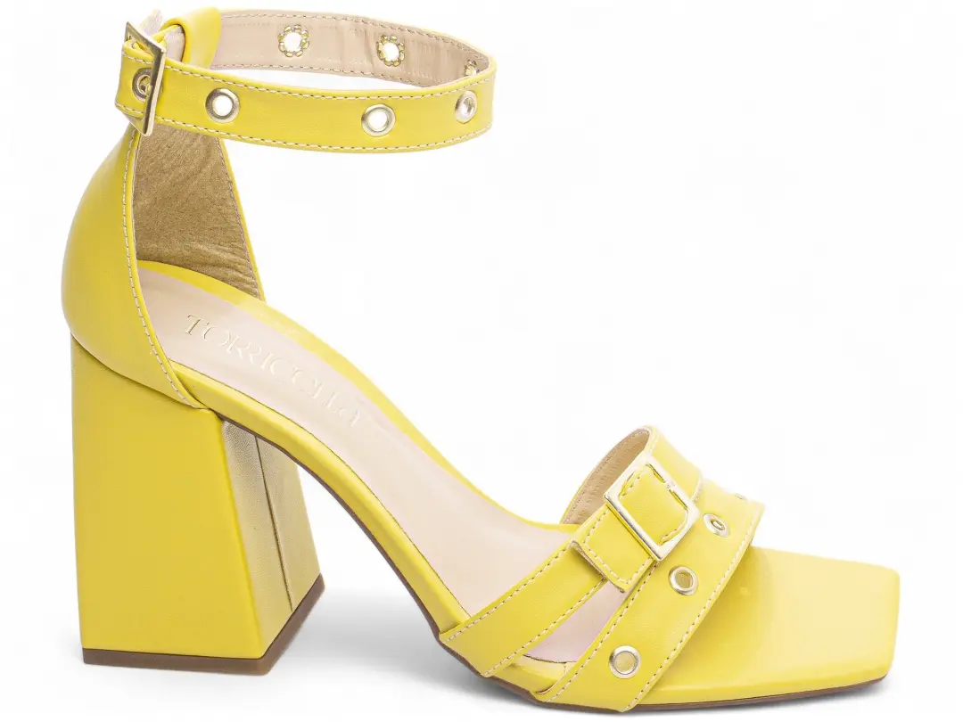 Sandália Feminina Amarelo Salto Grosso 9 cm