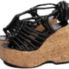 Sandália Anabela Feminina Preto Cortiça 13 cm