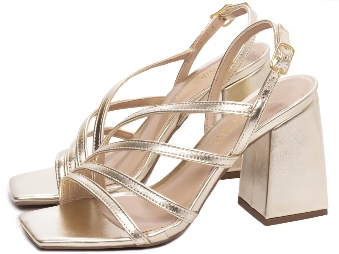 Sandália Dourada Salto Grosso 9 cm