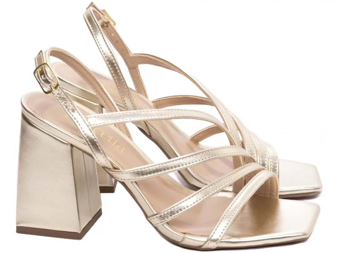 Sandália Dourada Salto Grosso 9 cm